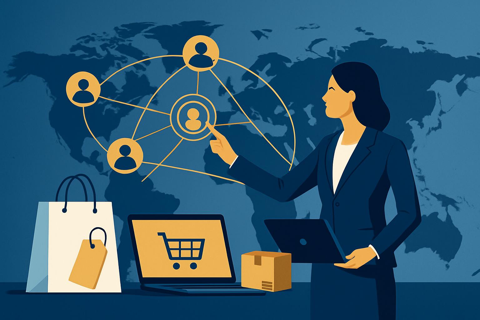 Illustration for Meridra: Businesswoman strategically managing a global customer network for brand direct selling on Amazon and beyond, with e-commerce icons like a laptop, shopping cart, and package.