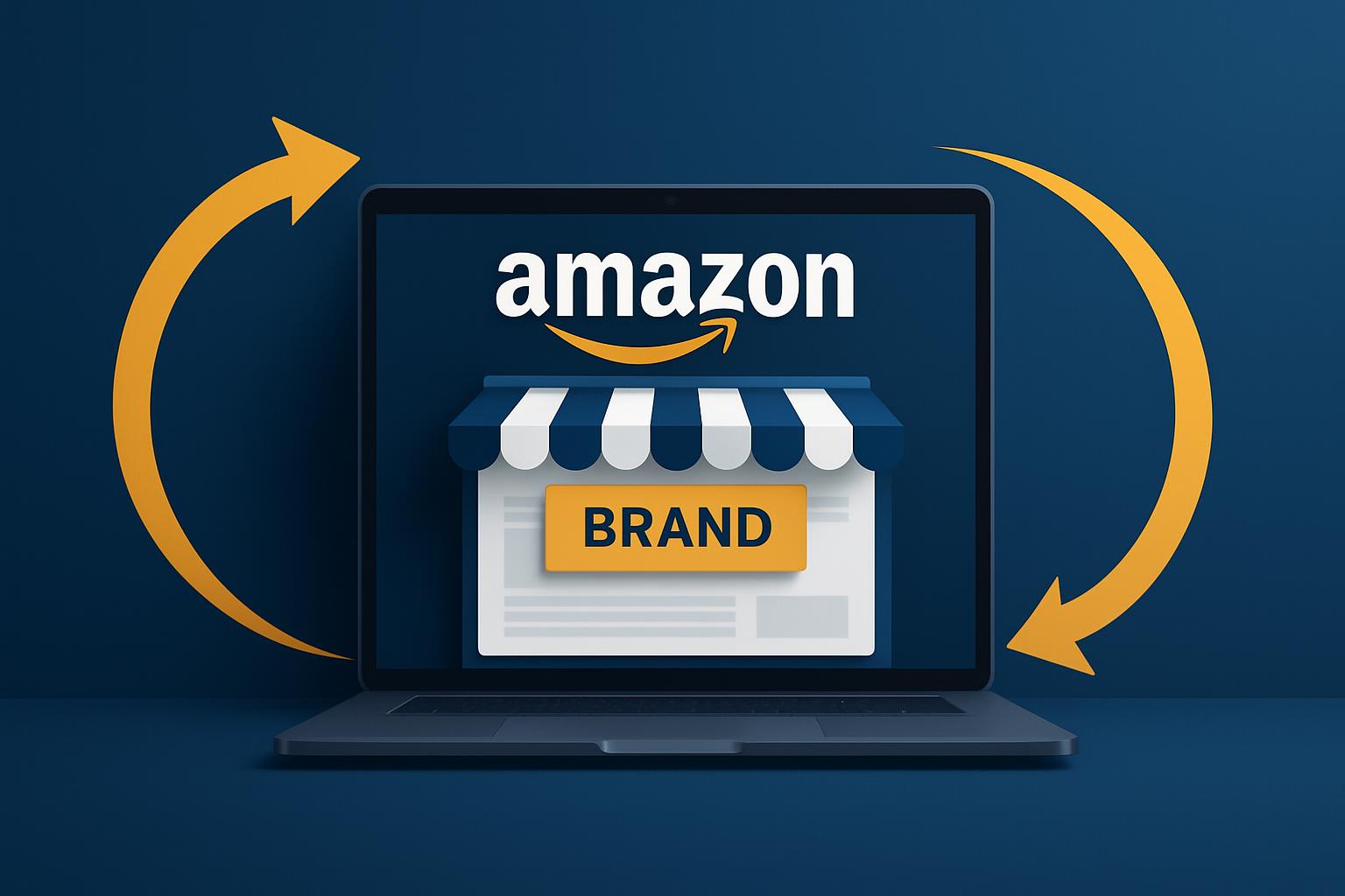 Meridra illustration: Laptop displaying an Amazon brand storefront, with circular arrows symbolizing ongoing Amazon brand management and direct selling strategies to elevate brand presence.