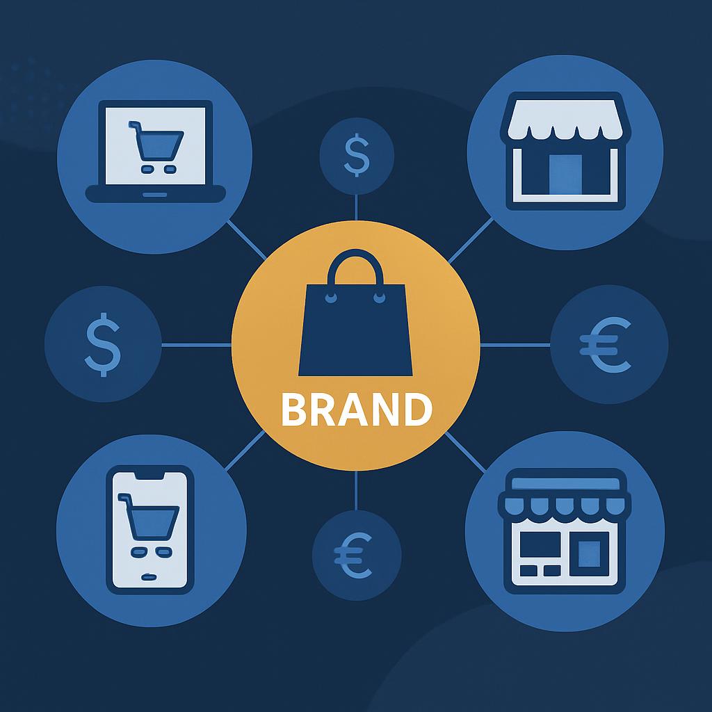 Meridra e-commerce ecosystem: Central 'BRAND' shopping bag icon connected to online store (laptop/mobile), physical/marketplace storefronts, and currency symbols (dollar/euro), representing trusted brand direct solutions in the global marketplace.