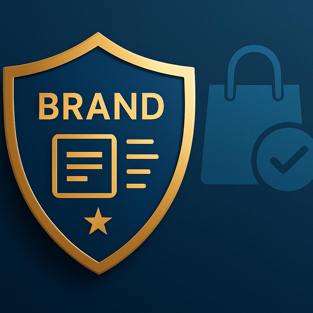 Meridra trusted partner icon: Gold shield with "BRAND", document, and star icons, alongside a shopping bag with a checkmark, representing secure and successful brand direct e-commerce solutions for the global marketplace.