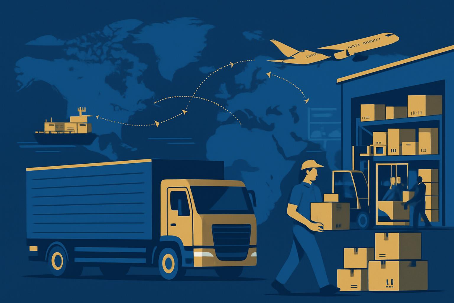 Meridra global logistics illustration: Warehouse operations with workers, forklift, truck, alongside a cargo ship and airplane over a world map, symbolizing fast, reliable, and secure global distribution services.